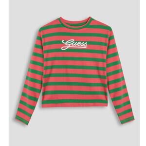 New Guess Youth Girls Pink Green Stripes Long-Sleeve Round Neck T-Shirt Size 16